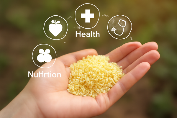Hand holding a pile of yellow millet grains with icons representing nutrition, health, and wellness in the background